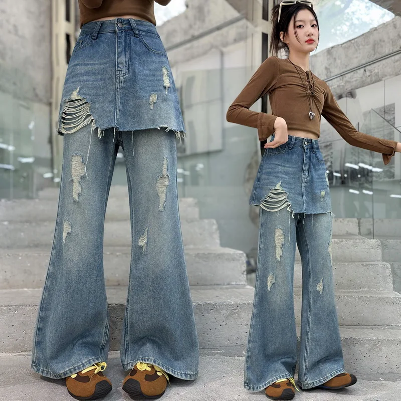 Neues Design Kinder-Jeansrock für Mädchen, Hochmodische Streetwear, Zerrissene Denim-Schlaghose, Trendige Vorhang-Hose für Kinder 4-14 Jahre