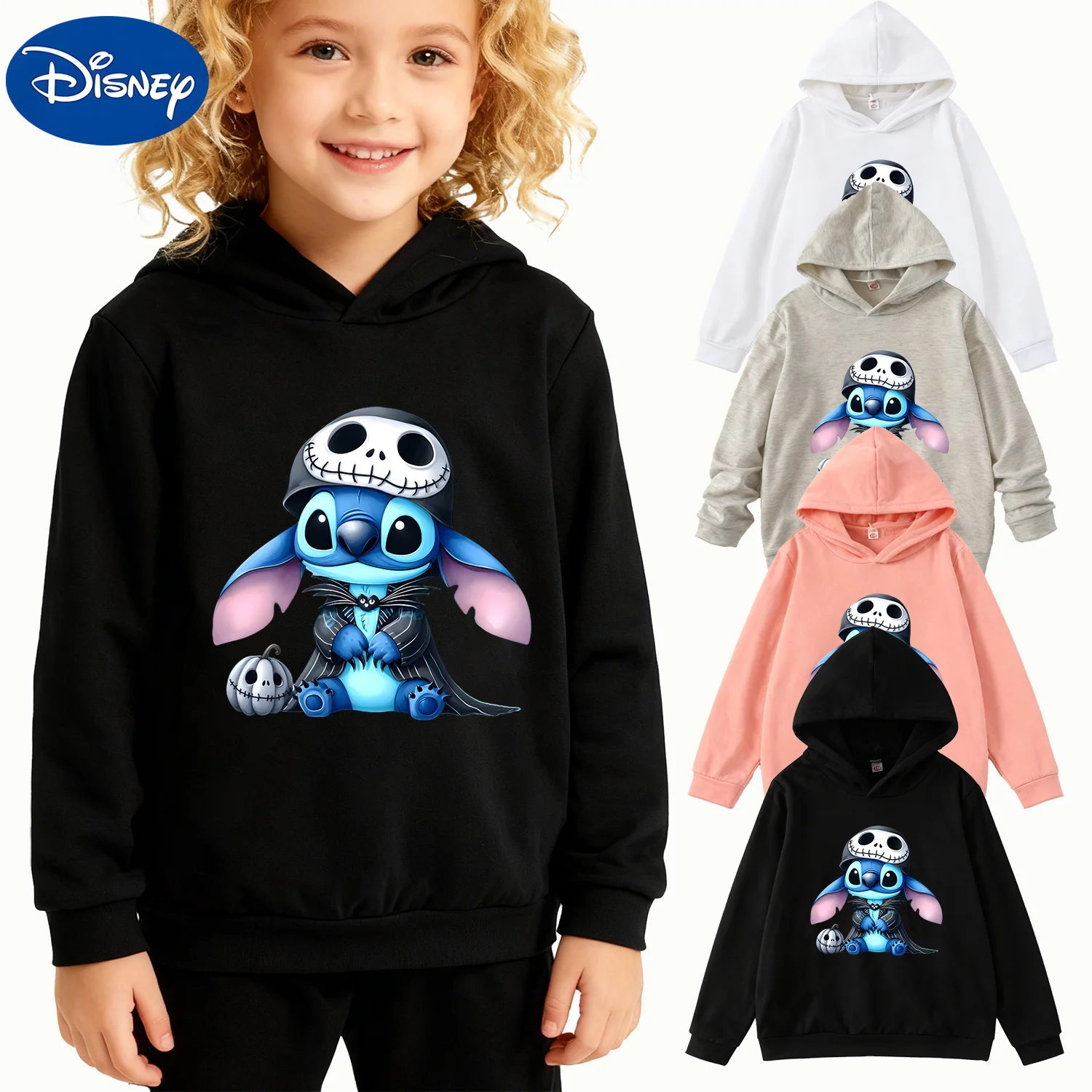 

Детская толстовка с капюшоном на Хэллоуин Disney Stitch Jack Skellington, черный пуловер с длинными рукавами