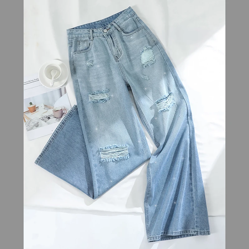 Gradientowe niebieskie jeansy z dziurami dla kobiet 2025 Summer High Waist Straight Loose Denim Pants Shiny Diamond Girls Wide Leg Pants