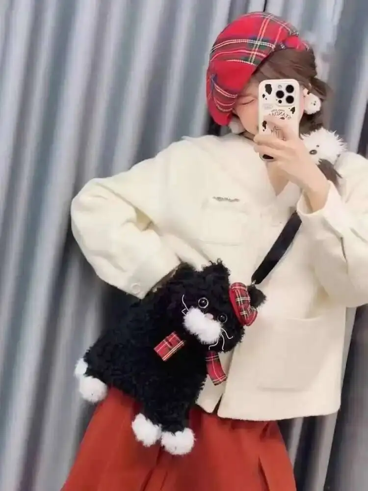 Urocza, kawaii torba na ramię z futerkiem w kształcie kota, idealna jako plecak szkolny, torba na co dzień dla ucznia, nastolatka, prezent B1977 Hit