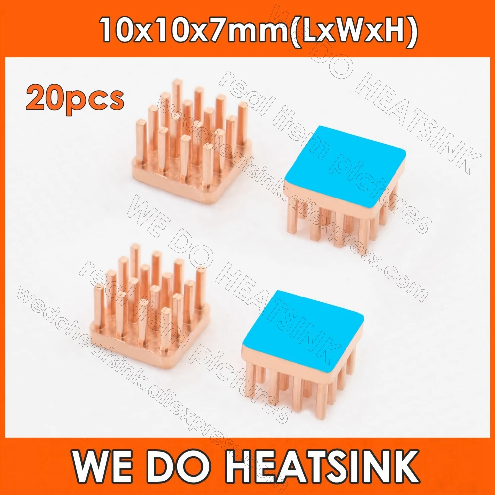 20pcs 10x10x7mm Square Pure Copper Pin Fins Heatsink Radiator Cooler With Thermal Tape For Electronics IC CPU AMD