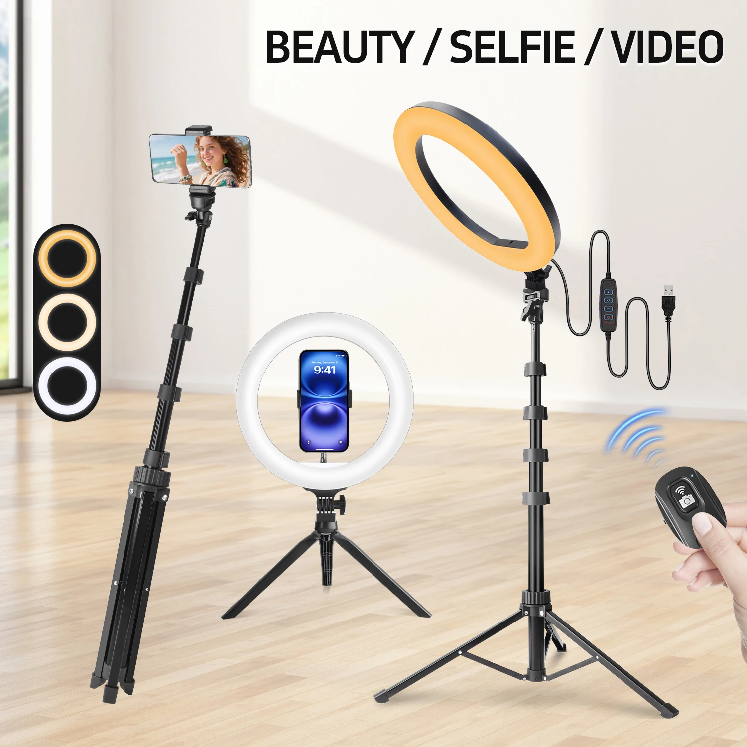 

Кольцевой светильник 10 дюймов со штативом 63 дюйма и настольной подставкой 7,5 дюйма, пульт дистанционного управления Bluetooth, 3 цвета, 10 уровней яркости, светодиодный светильник