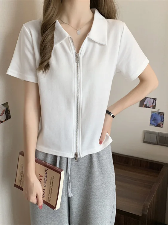2025 Summer New Zipper  Neck Short Sleeve Slim Fit T-Shirt Women's Korean Style Cover Belly Short Length Correct Shoulder...