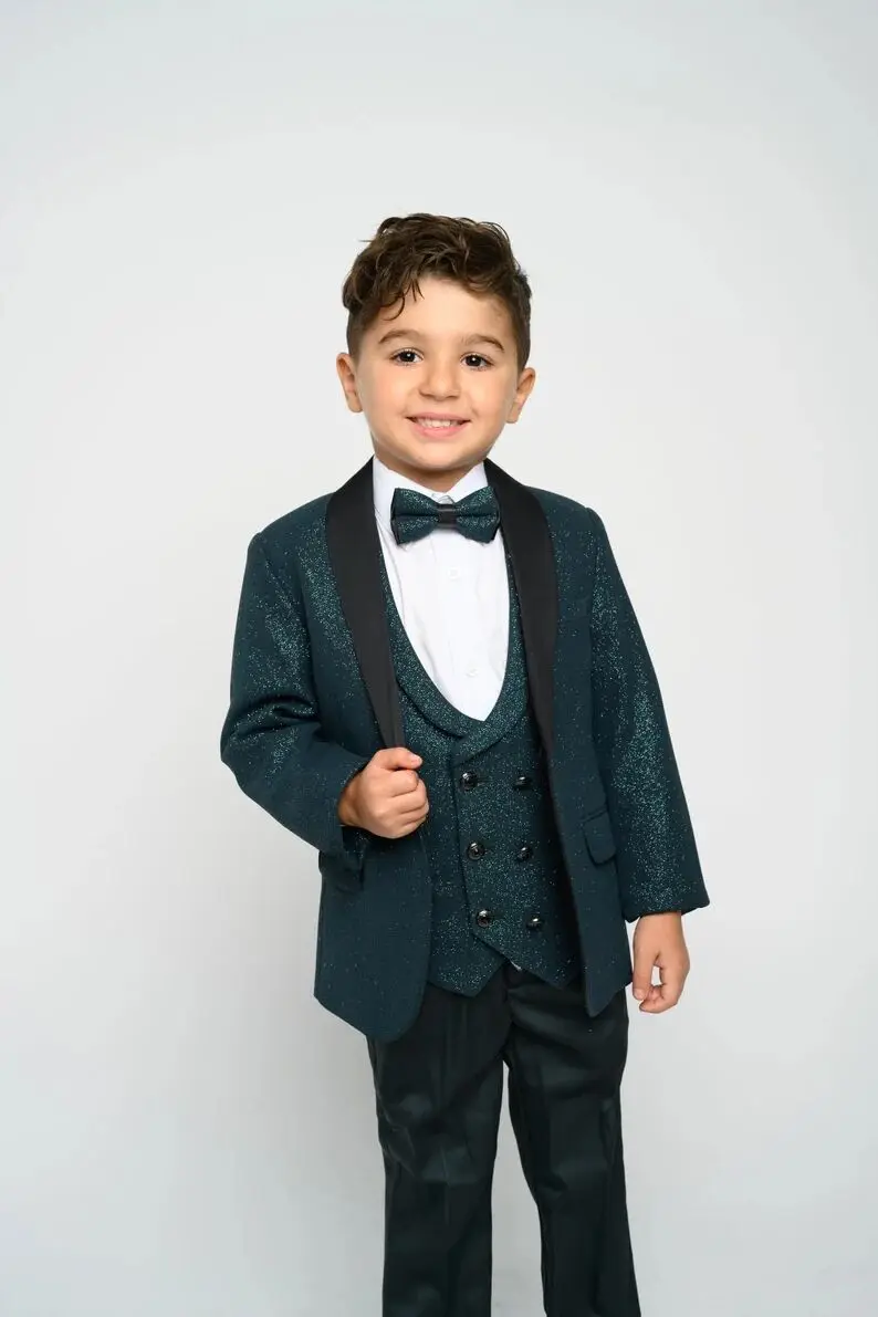 Costume de soirée à paillettes vert foncé pour garçon, 3 pièces, Tuxedos de dîner, pour fête de mariage, anniversaire