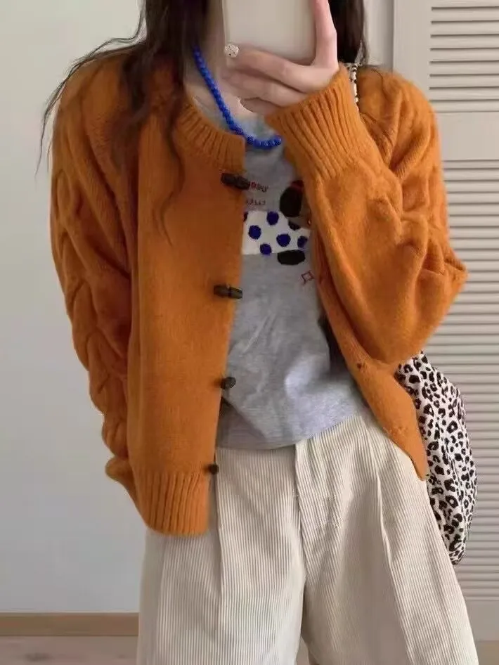 

Loose Women's Knitted Open Cardigan Orange Retro Twist Knitwear Spring Autumn Lazy Sle Outerwear Sweater with Horn Buttons