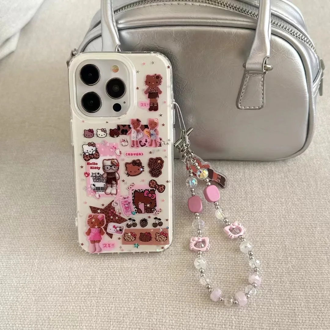 

Luxury leopard Cute Cartoon Hello Kitty label KT Hello Kitty Bling Glitte Phone Case For iPhone 13 14 15 16Pro Max star KT cover