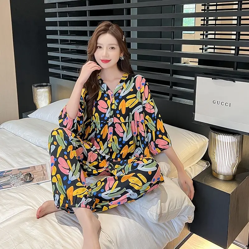 Spring Summer Cotton Silk Pajamas Two-piece Set Loose Cardigan Large Size Female Summer Dress Home Wear Pregnant Chinese Style