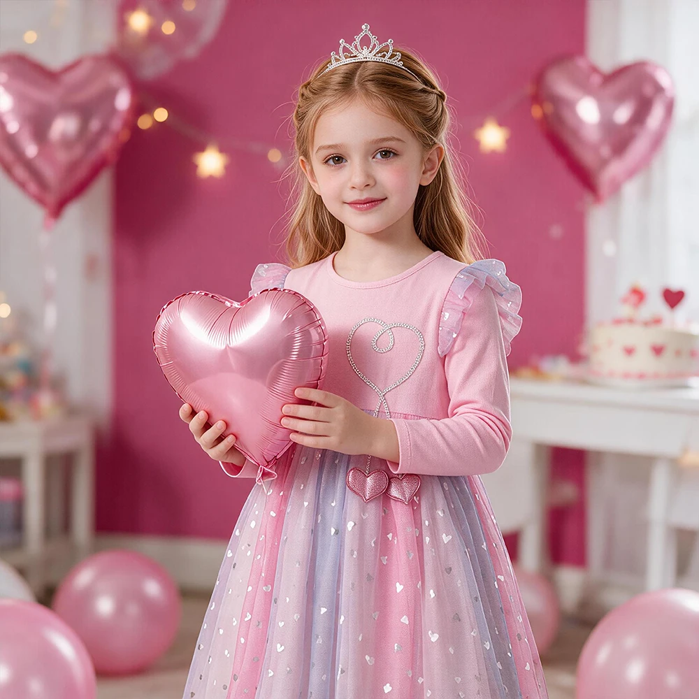 VIKITA 2025 Kinder Kleidung Mädchen Herbst Frühling Langarm Rosa Kleid Kinder Herz Form Mesh Tüll Prinzessin Party Sternen Kleider