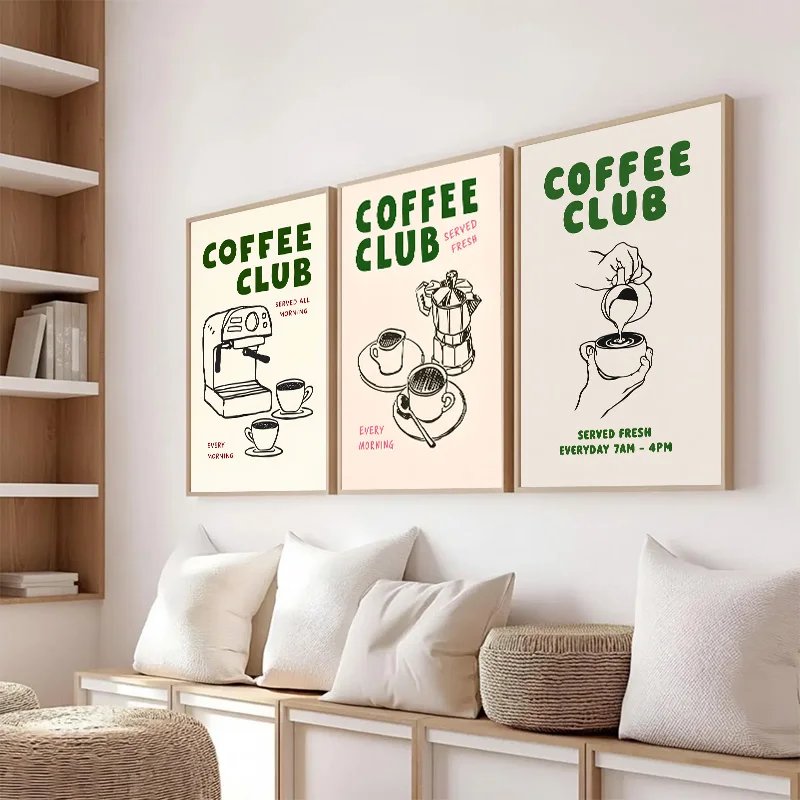 Retro Coffee Club Line Art Poster Minimalist Coffee Art Print Café Kitchen Decorative Canvas Poster Gifts for Coffee Lovers
