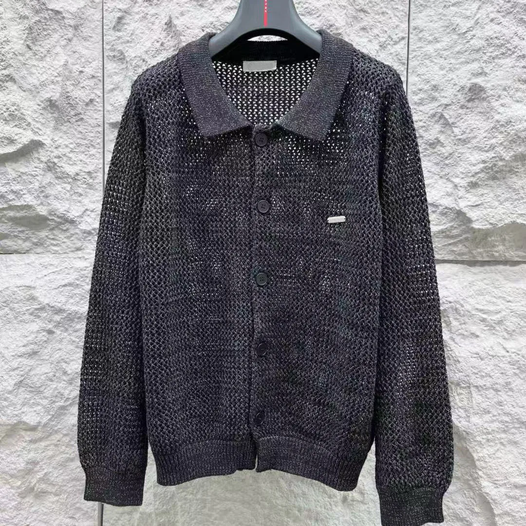 BC Italian new fashion old money wind badge lapel hollow knitted long-sleeved cardigan