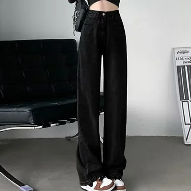 Women Retro Blue Black High Waist Wide Leg Jeans Lady Korean Style Straight Leg Denim Pants Fashion Streetwear Daily Trousers