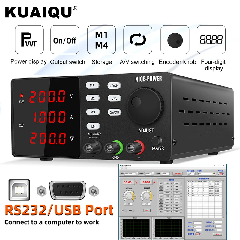 

RS-232/USB Programmable DC Adjustable Power Supply Laboratory Maintenance Workbench Memory Function 300V 200V 30V 10A 60V 120V