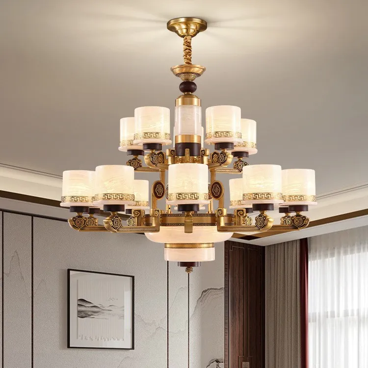 

All copper and jade, Chinese style, duplex chandelier, villa, living room, dining room, decoration lamps
