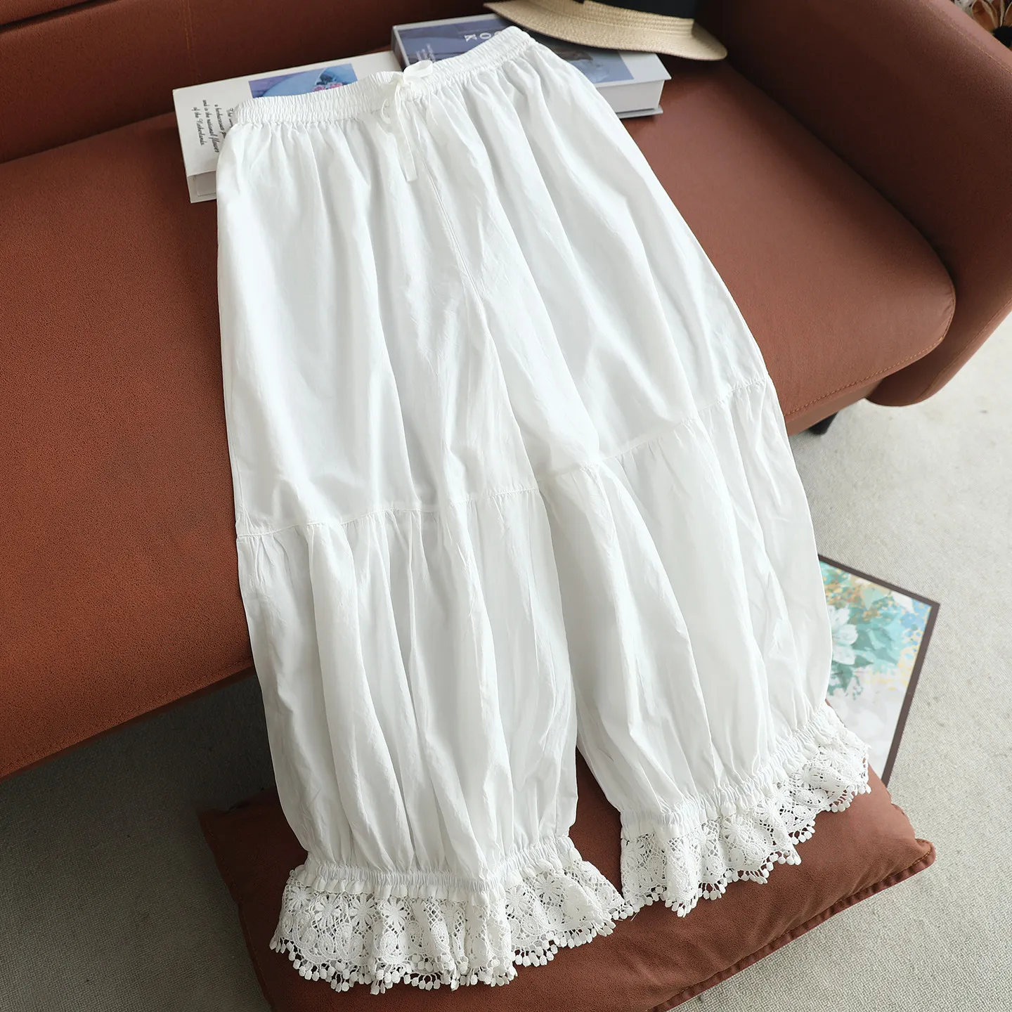 Japanese Sweet Mori Girl Solid Color Lace Embroidery Hem Bloomers Women Spring Summer Elastic Waist Casual Loose Wide Leg Pants