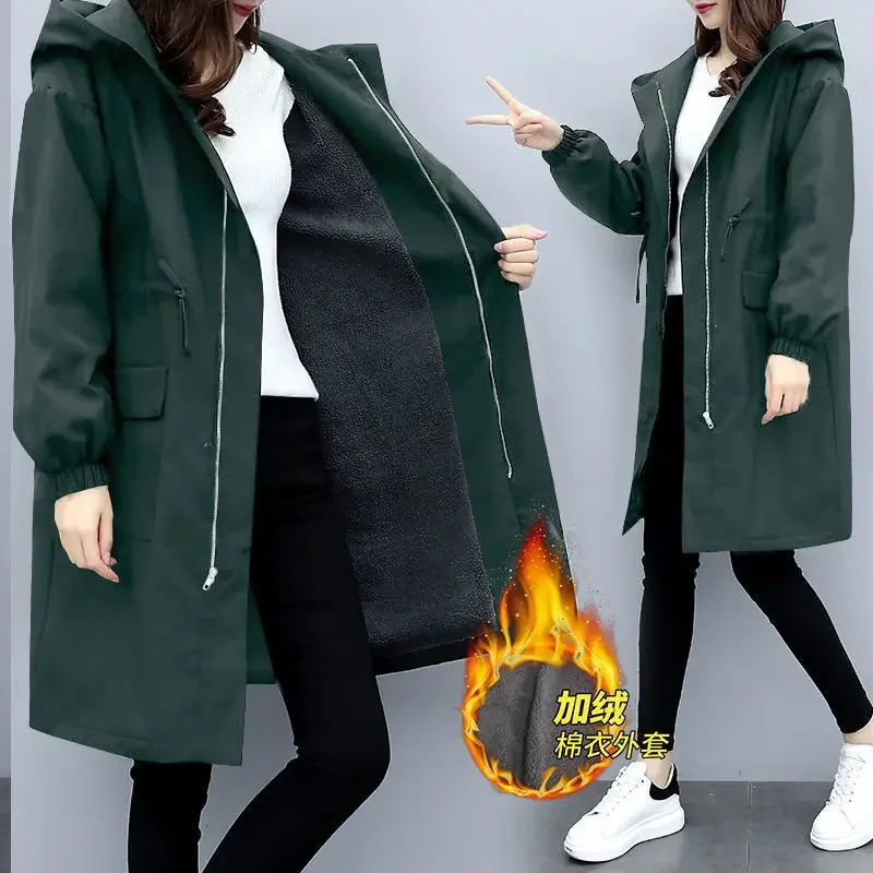 Elegant Lady Coat Women Solid Velvet Thicken Windbreaker Trench Coats Autumn Winter Hooded Drawstring Pocket Zipper Long Outwear