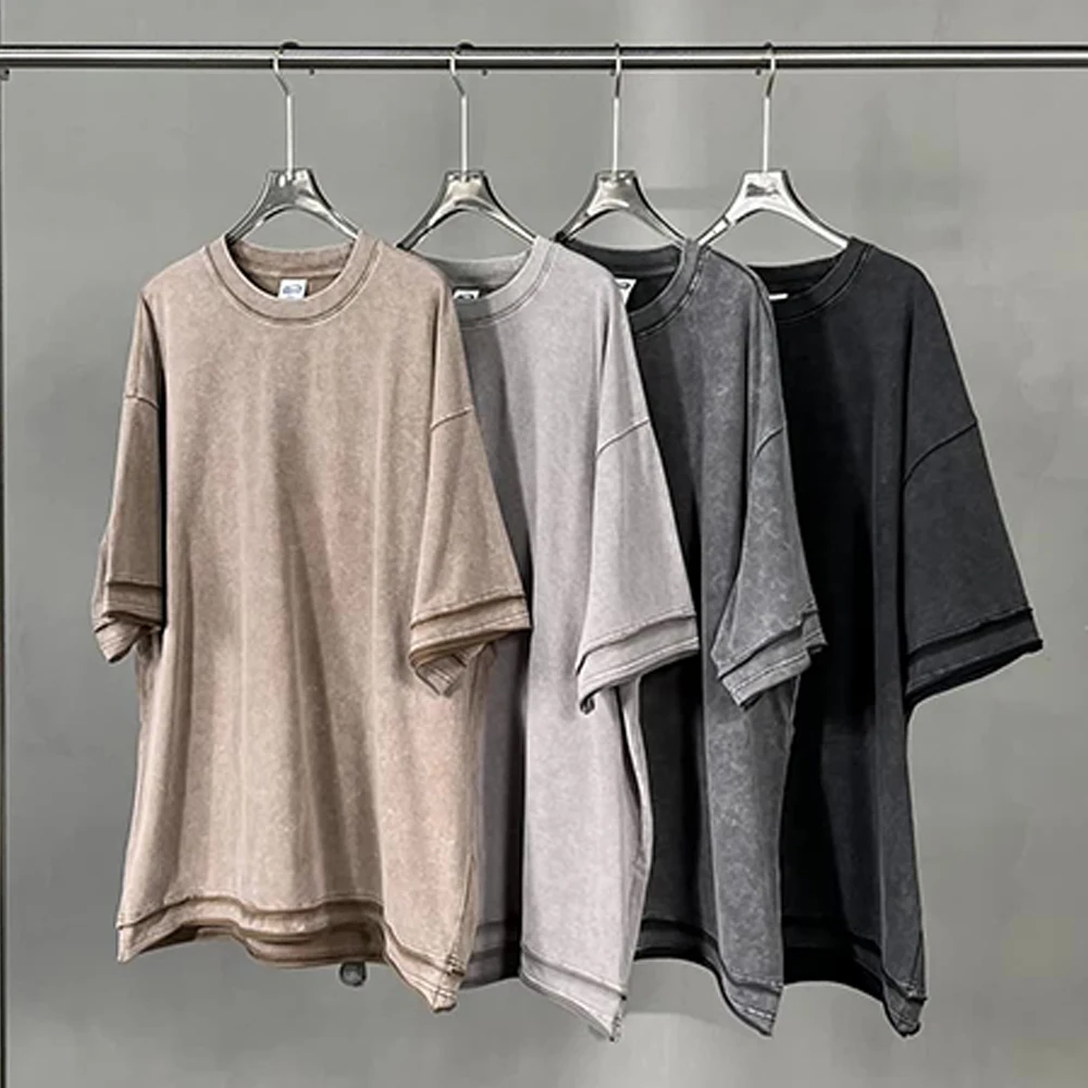 LME 커스텀 4컬러 루즈 엣지 스플라이싱 빈티지 바틱 애시드 워시드 오버사이즈 275GSM 100% 코튼 스트리트웨어 티셔츠 (M 사이즈)