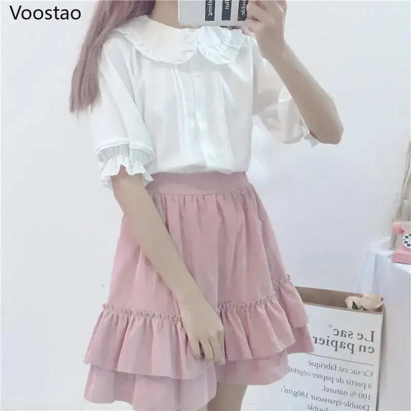 White Lolita Shirt Kawaii Peter Pan Collar Preppy Style Chic Blouses Women Sweet Ruffles Short Sleeve Tops Girly Fashion Clothes