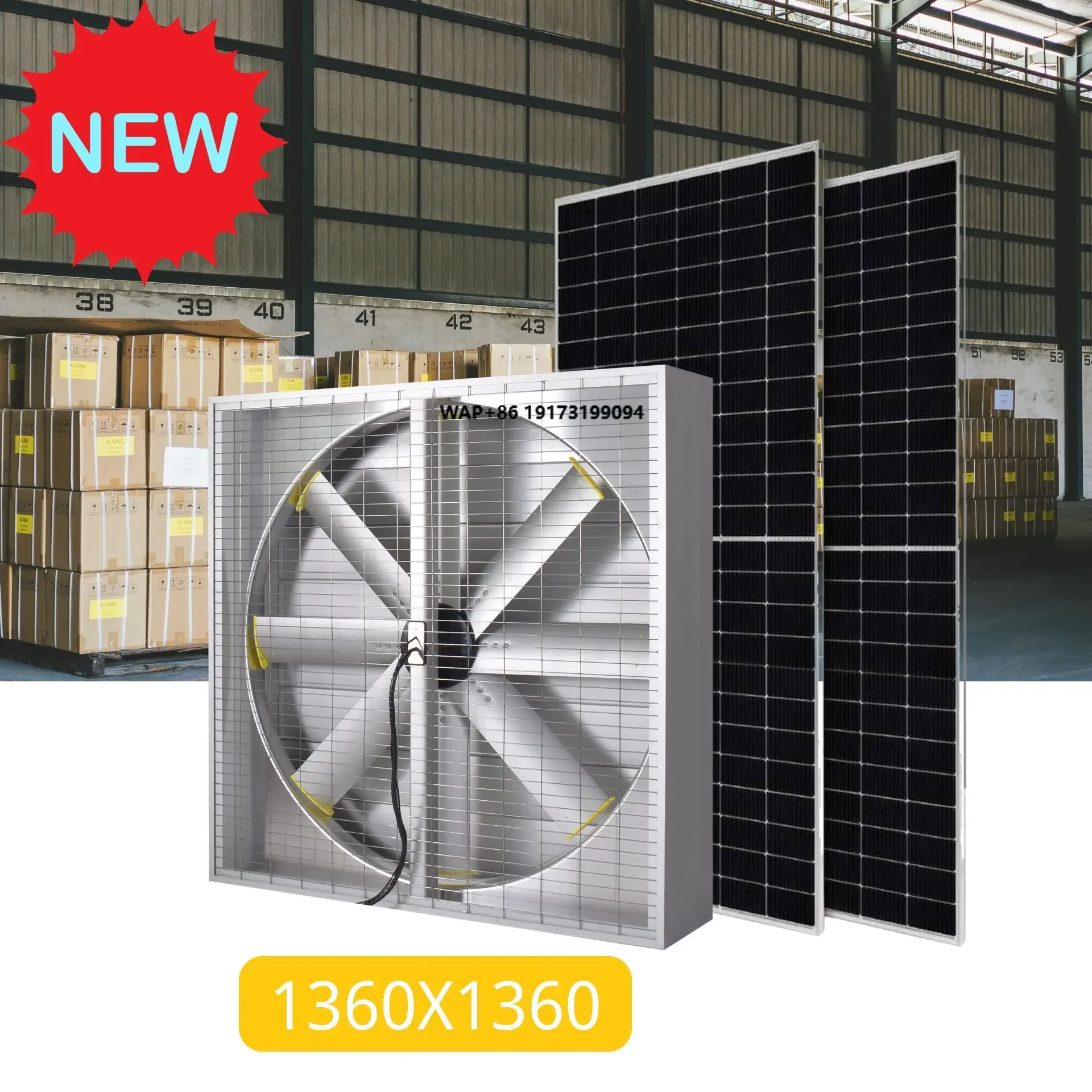 Solar Industrial Wall Fan with Solar Panel & Auto Shutter 54 Inch DC Ventilation Exhaust System for Outdoor Greenhouse Cooling