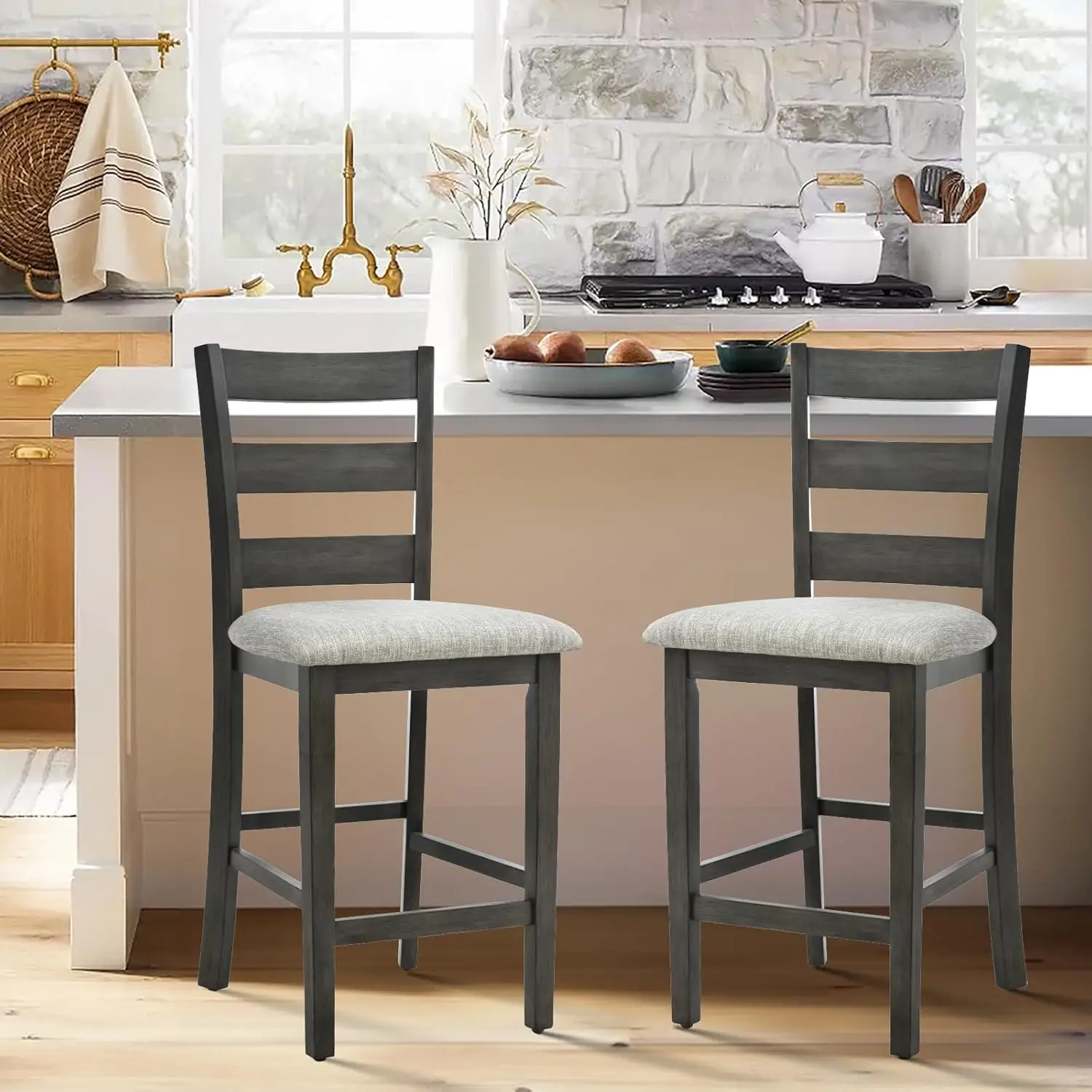 Colamy Modern Counter Height Bar Stools, Wooden Bar Stools Set Of 2, 25 Inch Upholstered Fabric Barstools With Backs And Wooden