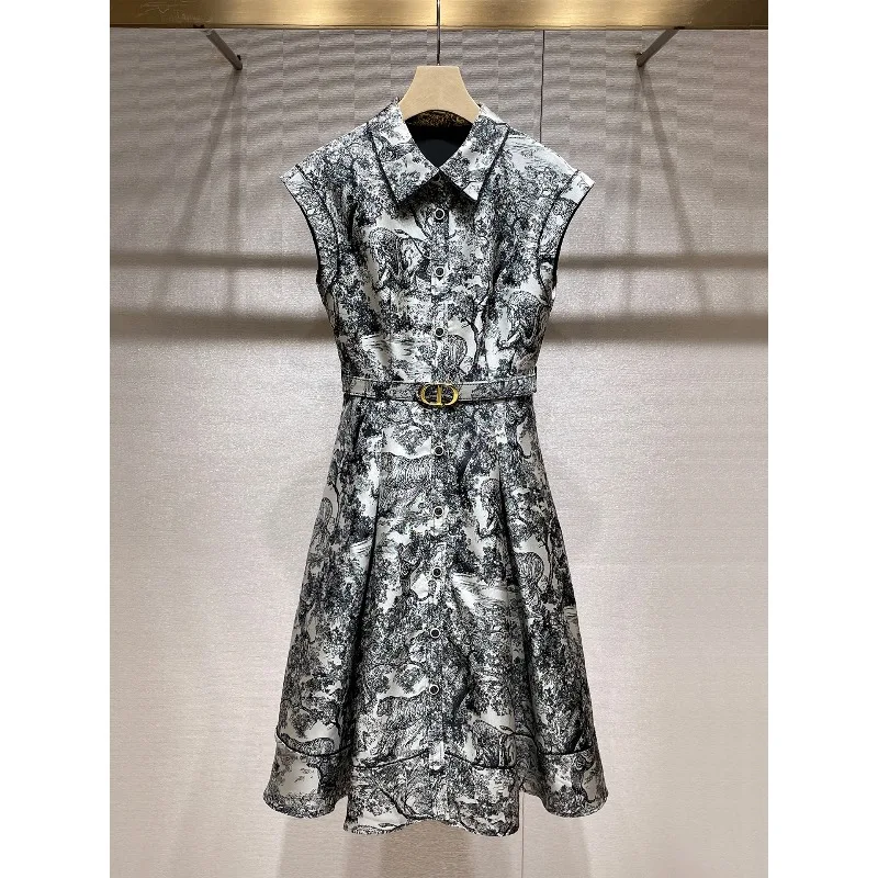2025 temperament dress summer new retro ink painting sleeveless vest skirt waist a-word shirt skirt