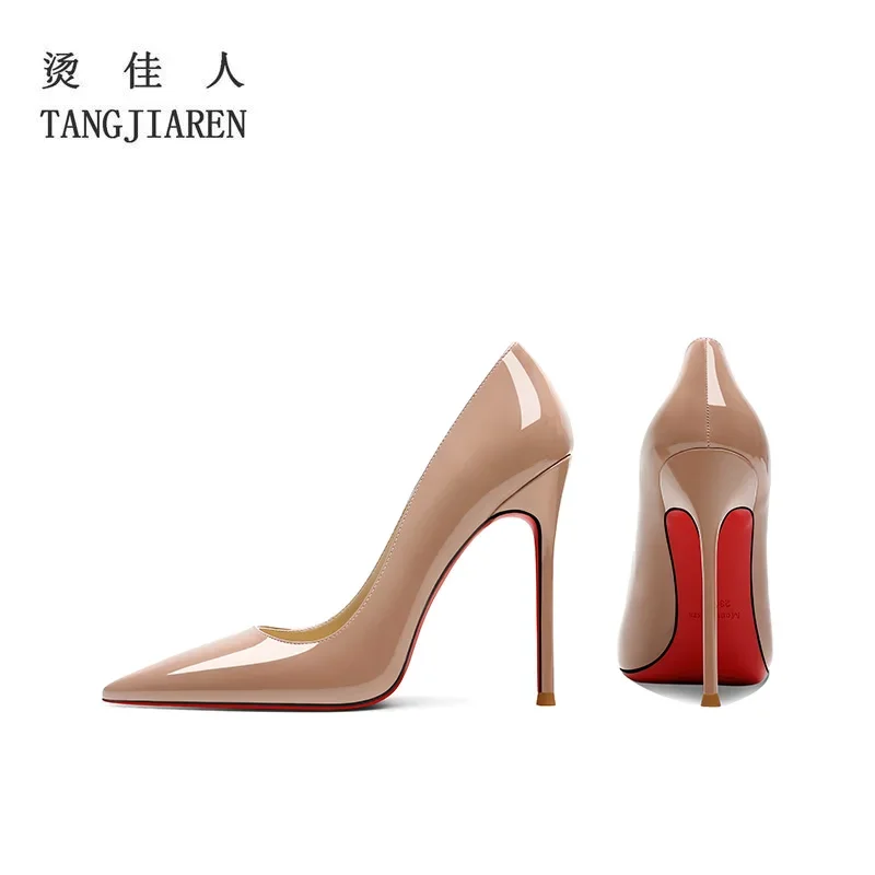 Spring new nude high heels for women, 12cm pointed light lipstick sole, professional and sexy versatile single shoes