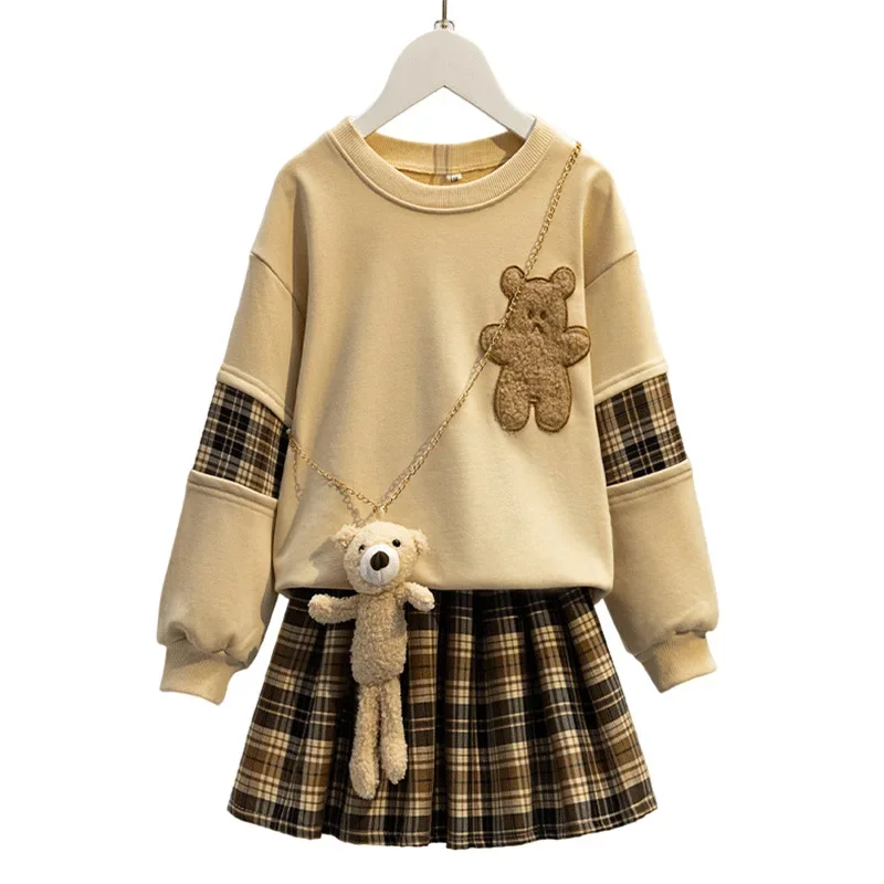 2024 autumn spring Girls Clothes teenager bear hoodie t shirt + plaid spring JK pleated skirt uniform 4 5 6 7 8 9 10 11 12 year