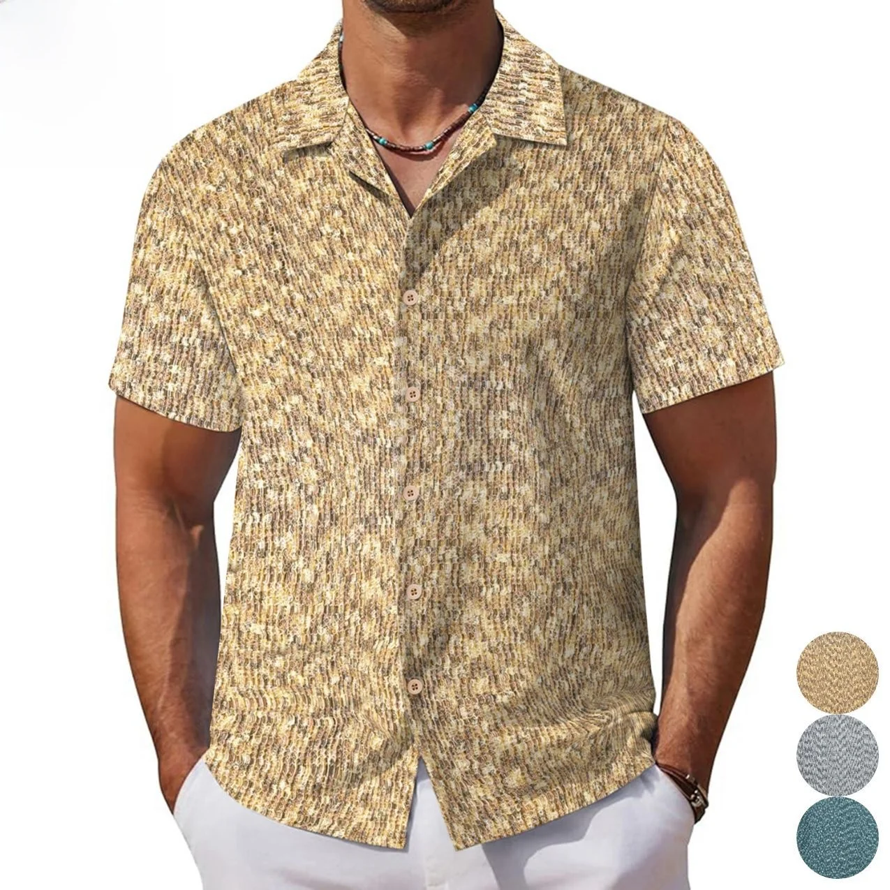 

Мужская повседневная рубашка с кубинским воротником, коротким рукавом, плиссированная, модная, из легкого полиэстера, летняя, с принтом, повседневный модный мужской топ