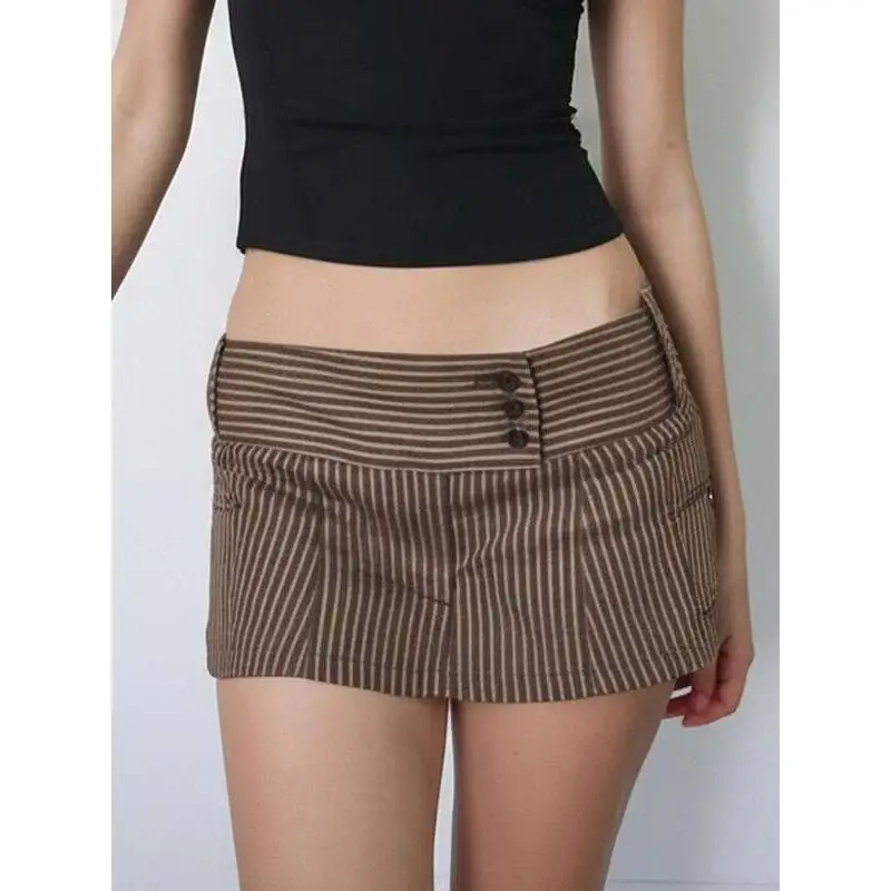 Striped Button Pocket Skirt Women's Mid-Waist Batwing Style Half-length Skirts Spring Season Fashion Trend Ladylike