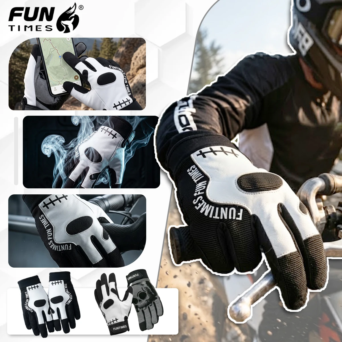 FUNTIMES New Black And White Spliced Men's And Women's Outdoor Sports Equipment Full Finger Gloves