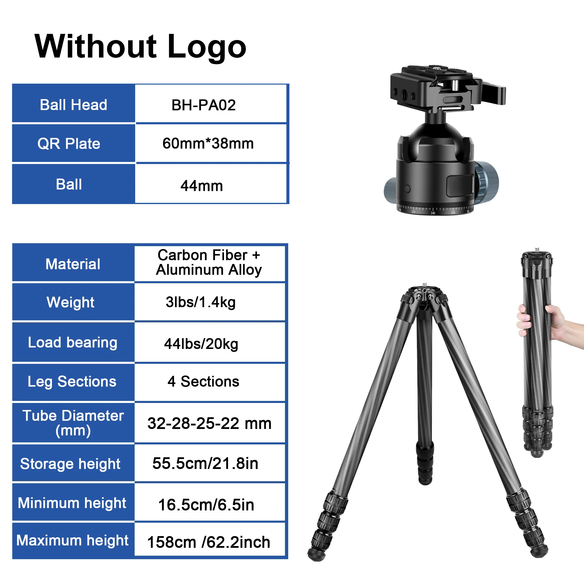 Manbily WZ-324PA Koolstofvezel Statief voor Jachtgeweer Schieten Camera Reisstatief Met Balhoofd Arca Swiss Plaat 32mm Buis