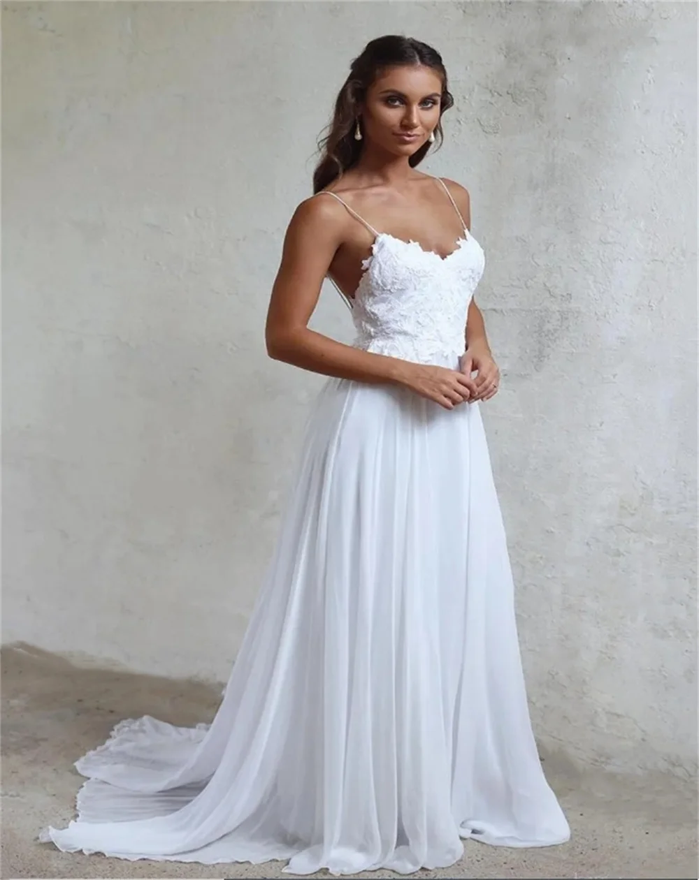 Sexy V-Neck Wedding Dress Spaghetti Straps Lace Appliques A-Line Chiffon Floor-Length Bridal Gown Women New Vestidos de novia