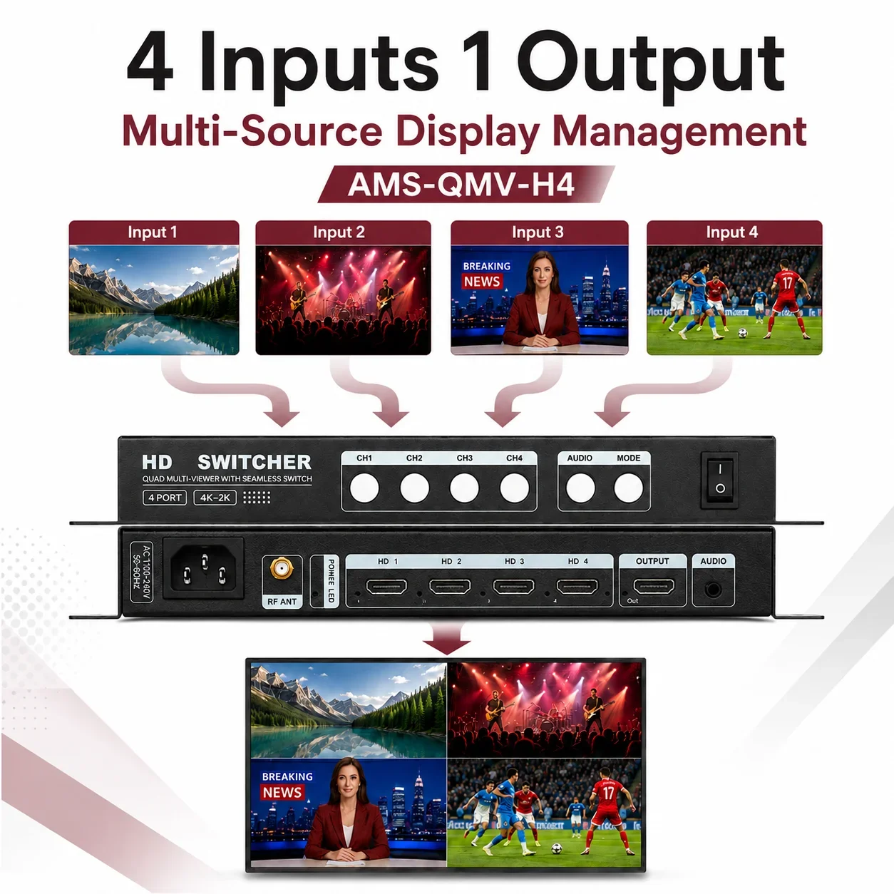 4K LCD Video Splitter Switcher Multi Media AD Screens HD Multi Viewer Divider 4 in1 Out Switch Adapter IR for PC ca me ra Player