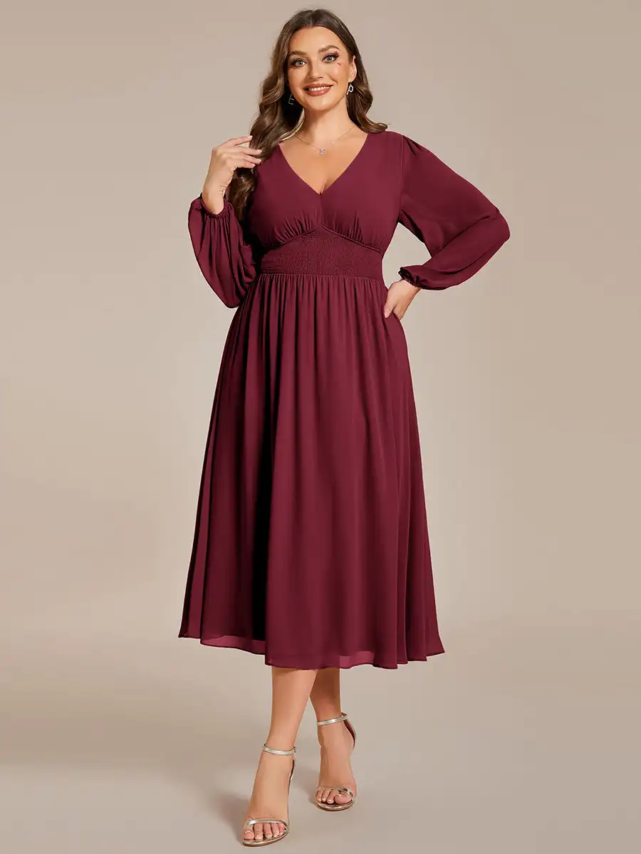 

Plus Size Evening Dresses Dignified Deep V-neck Long Sleeves Knee-Length 2025 Ever Pretty of Chiffon Burgundy Bridesmaid Dresses