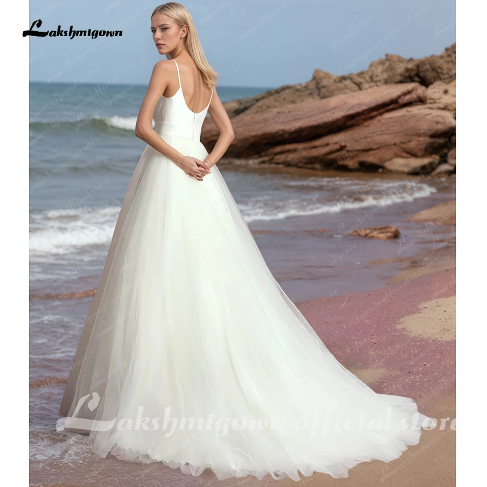 Lakshmigown Spaghettiträger V-Ausschnitt Satin Tüll Hochzeitskleid für Frauen A-Linie Einfaches Brautkleid Robe Mariage Maßanfertigung – Detail 6