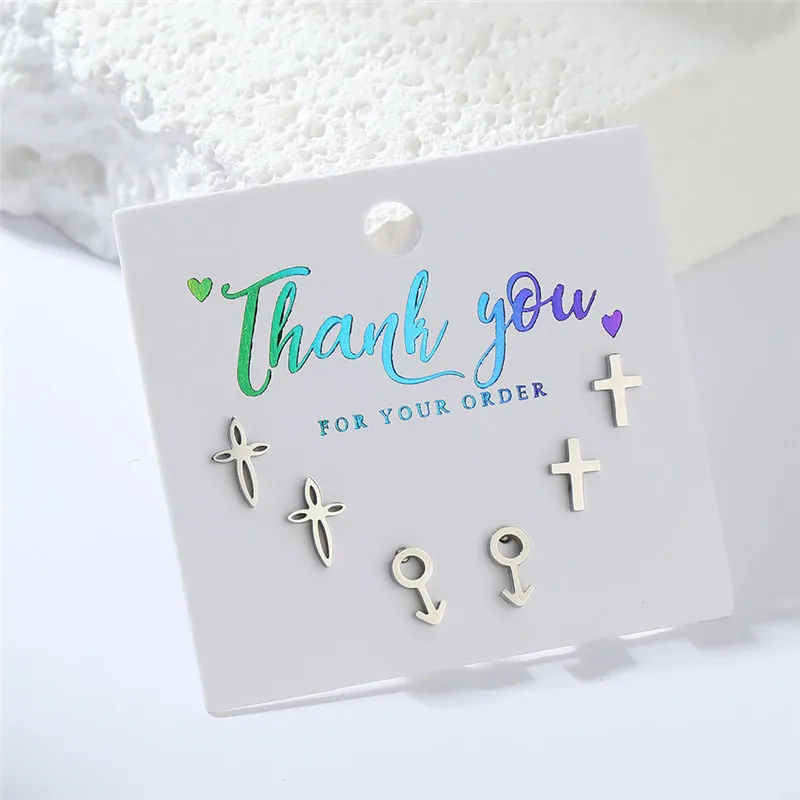 3Pairs/Set Punk Small Stainless Steel Cross Stud Earrings for Women Girls Minimalist Geometric Ear Studs Party Jewelry Gift