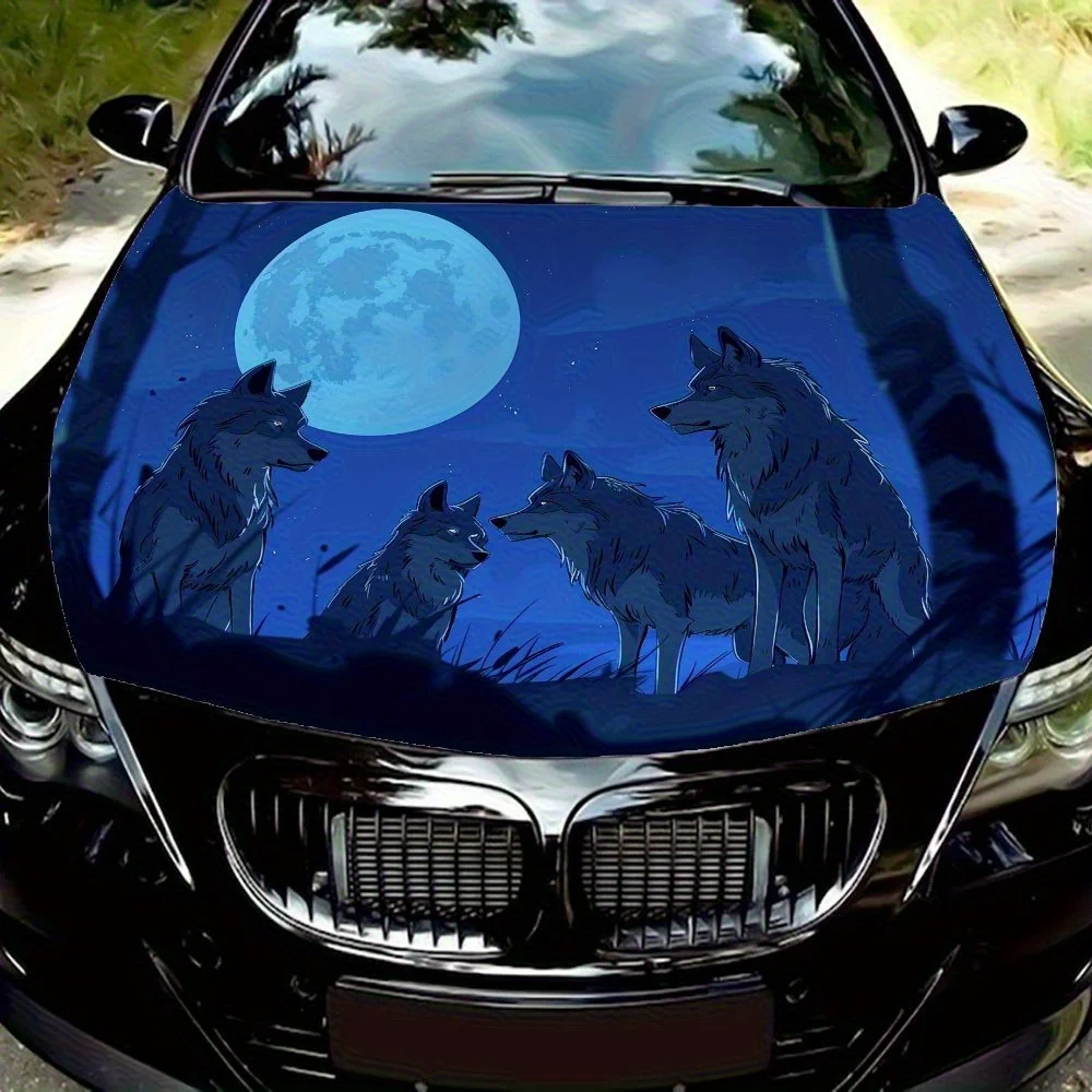 

Moon And Wolf Car Cover Stickers Wrapped In Vinyl Film, Engine Cover Stickers, Deep Blue Sky, Car Cover Waterproof And Easy To S