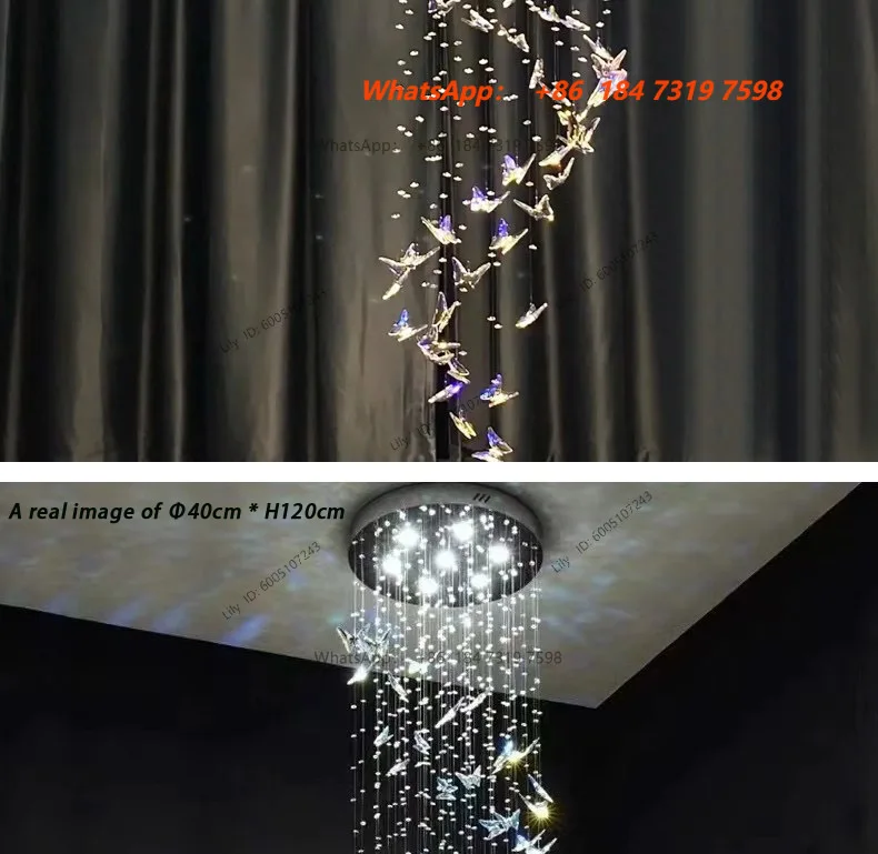 2025 Hotel Lobby Attic Butterfly Crystal Multi Head Long Chandelier Living Room Interior Decoration K9 Crystal Staircase Light