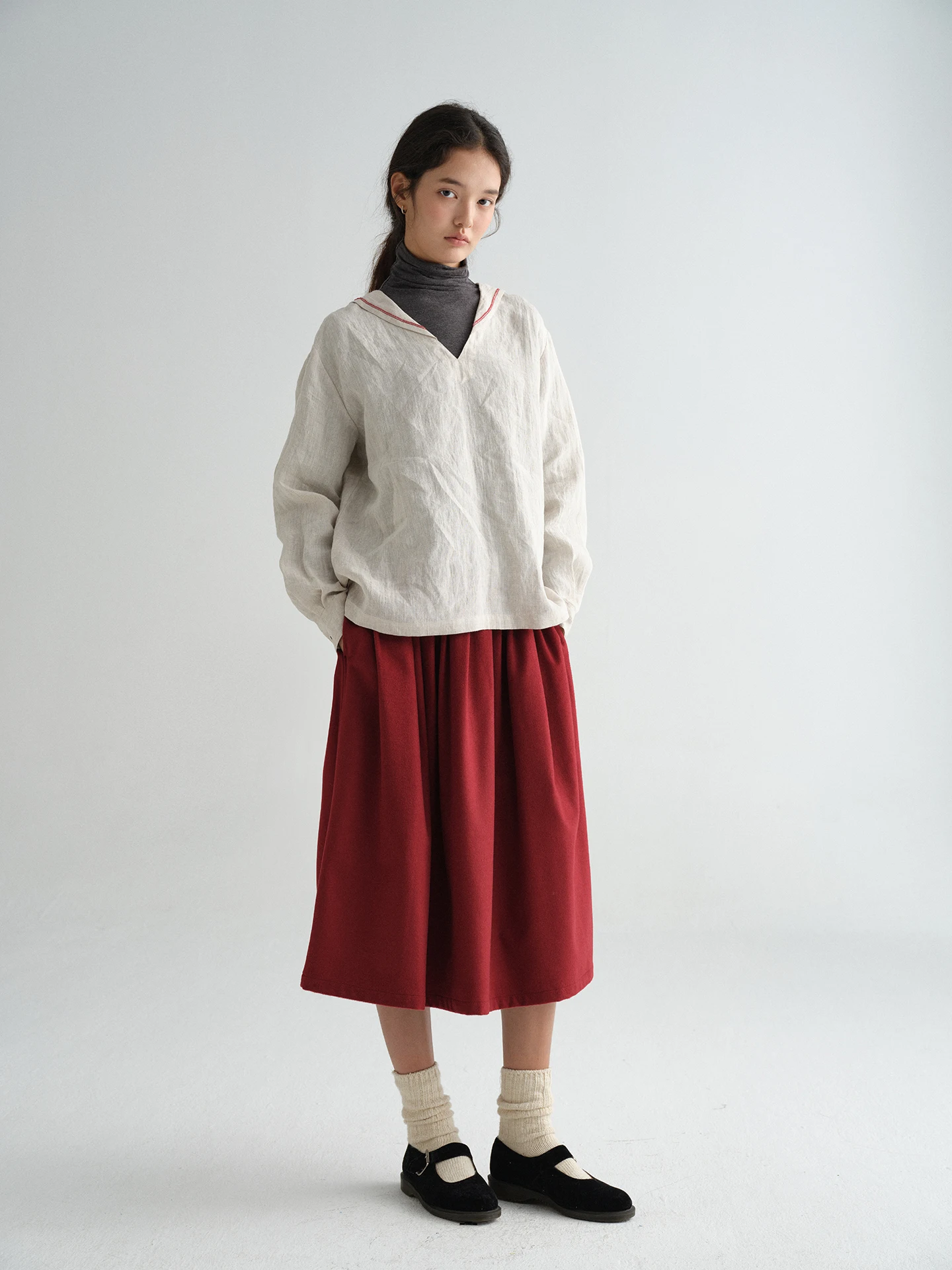 

Loose Fit Linen irt Casual Sle Long Sve Navy Collar Anti-Aging Women's Faion Autumn Collection Comfortable Loose Blouse