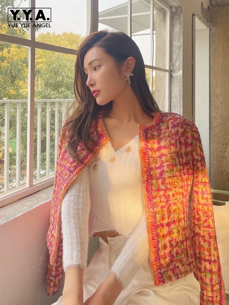 

Женская весенняя красочная твидовая куртка, модный элегантный офисный женский тканый кардиган ручной работы, короткое пальто с круглым вырезом и длинными рукавами, верхняя одежда