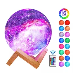 Lámpara de galaxia de luna con impresión 3D D2, luz nocturna para niños, cambio de 16 colores, Control táctil y remoto, decoración de dormitorio como regalos