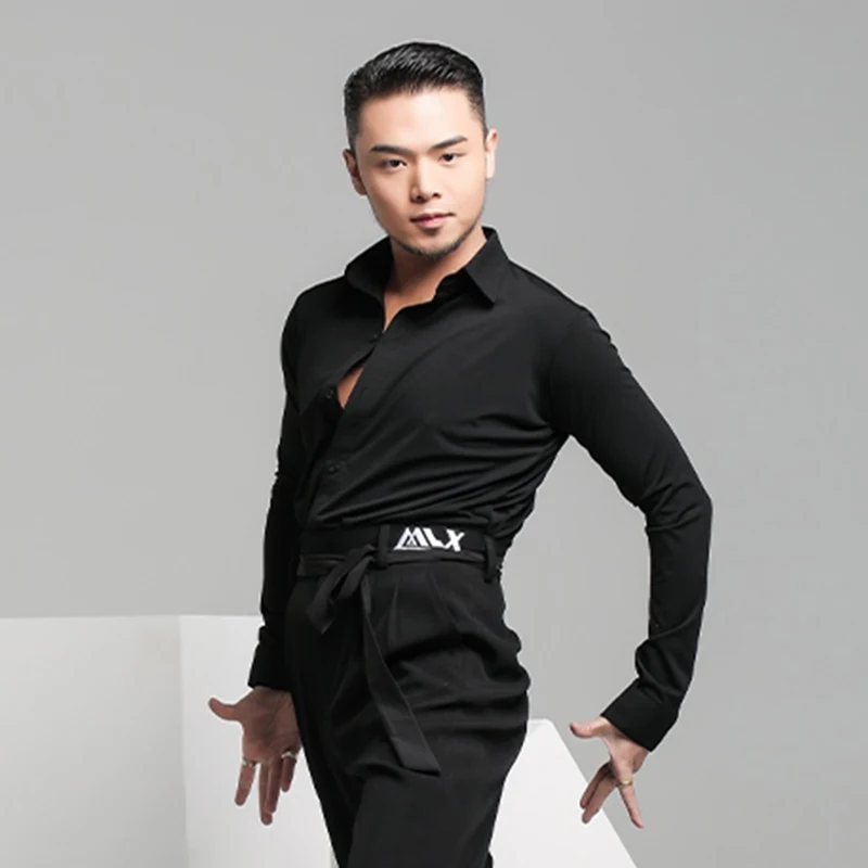 Camisa de baile de salón estándar para hombres, traje de actuación, ropa de escenario de Tango Rumba, Tops de práctica de manga larga, Top de baile latino 2003
