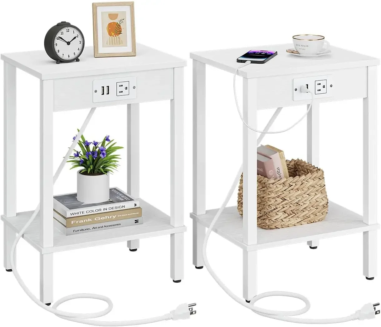

Set of 2 End Table with Charging Station, Narrow Side Table with USB Ports and Outlets, Nightstands with 2-Tier Storage Shelves