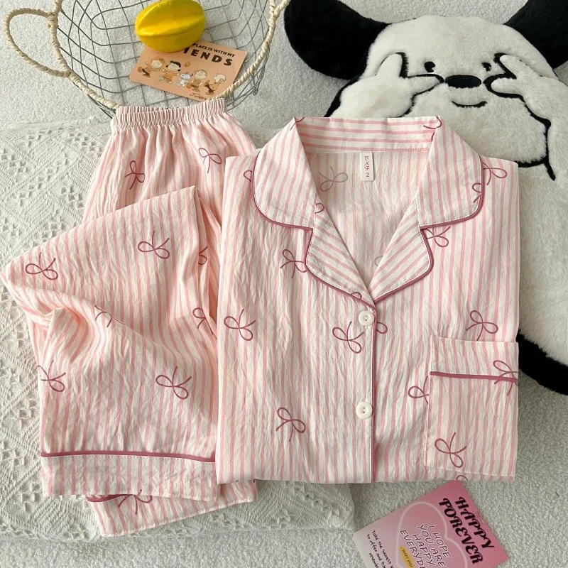 Pink Strip Bow Dtie Design Women's Pajamas Short Sleeve Top & Elastic Waist Pants Pajamas Set Harajuku Style Casual New HomeWear 5