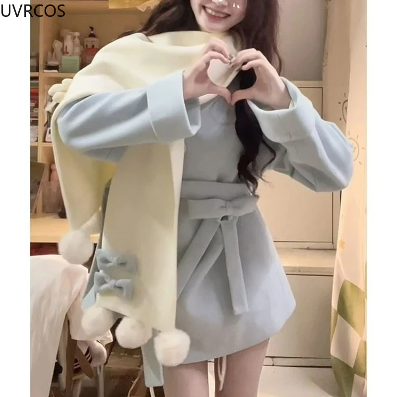 Autumn Winter Japanese Preppy Style Woolen Coat Women Kawaii Bow Cartoon Bear Scarf Loose Long Jackets Sweet Y2k Lolita Outwear