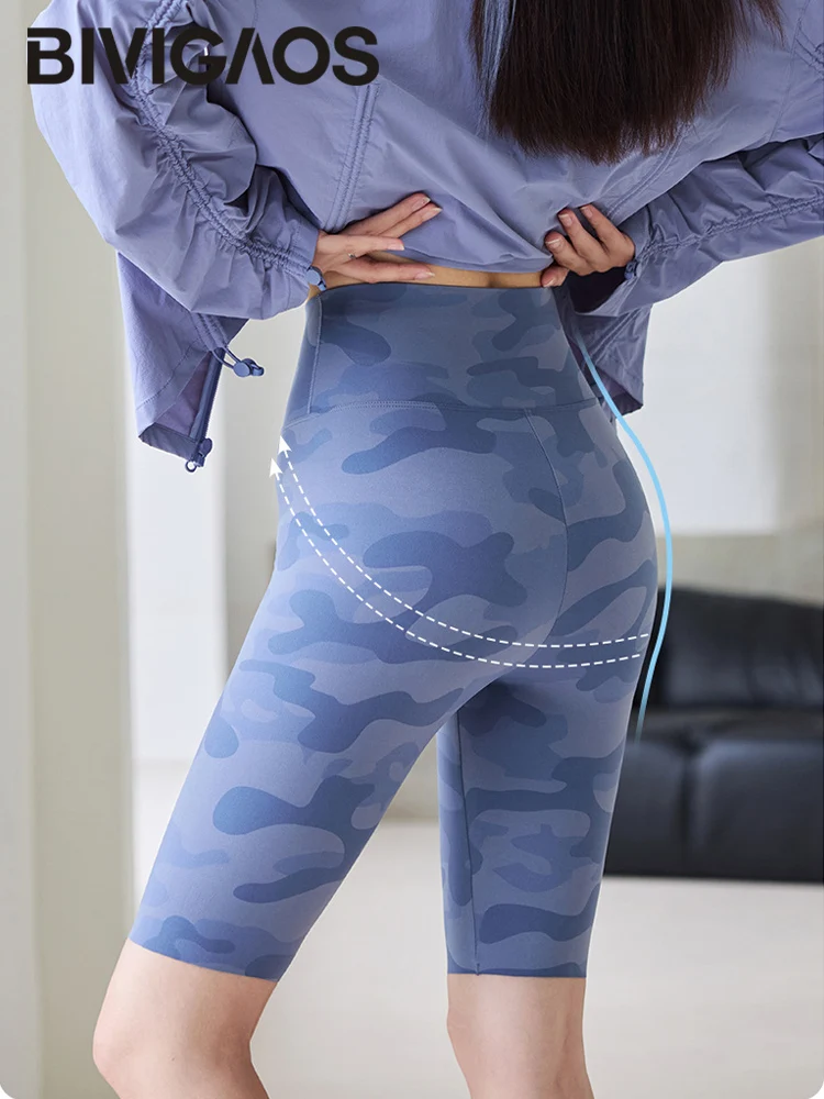 Bivigaos Sommer schlanke Tarnung knielange Radhose Frauen lässig Haifisch haut Sport Laufen Fitness Biker kurze Leggings