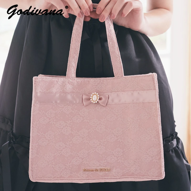 Japanese Style Autumn and Winter Pink Lace Jacquard Gem Ribbon Square Tote Bag Female Sweet Handbags