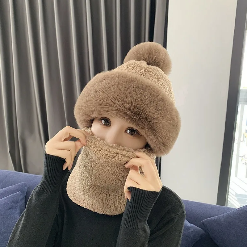 2023New Winter Hats for Women Wool Scarf Cap Set Fashion Pompon Thick Plush Warm Skullies Beanies Outdoor Ski Mask Windproof Hat