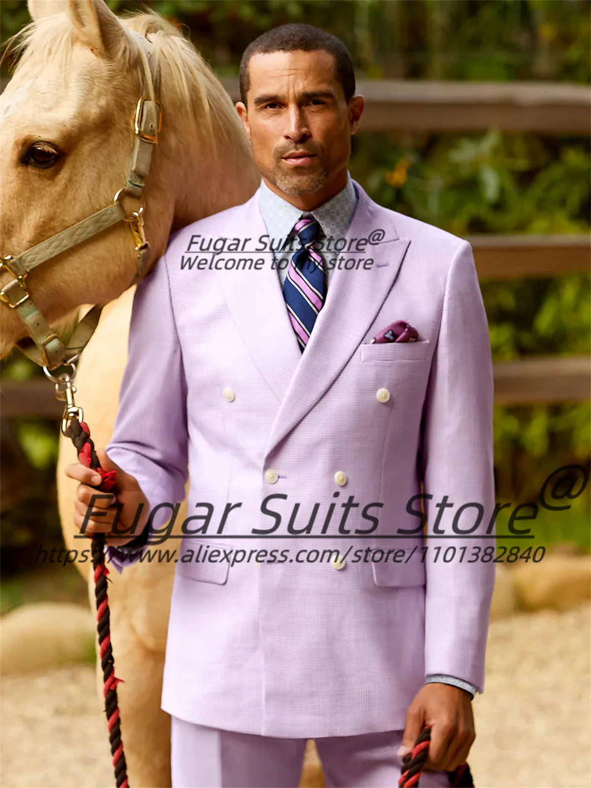 

Business Pink Classic Houndstooth Groom Wedding Tuxedos Customized Slim Fit Double Breasted Peak Lapel Men Suits 2 Pieces Sets