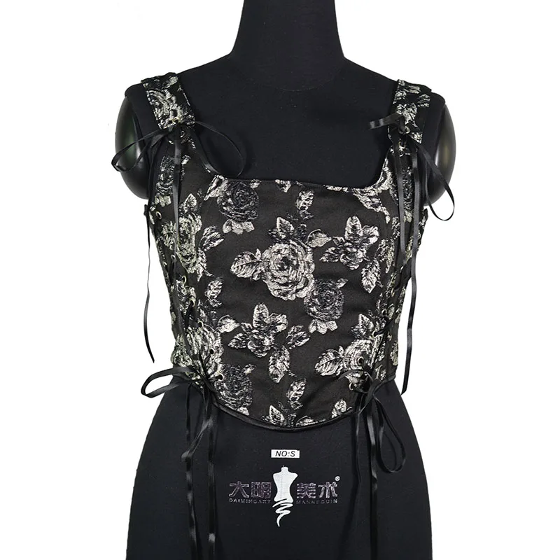 Sexy Cross Bandage Bustiers Crop Top U-Neck Cross Strappy Tank Tops Vintage Flowers Print Bow Straps Corsets