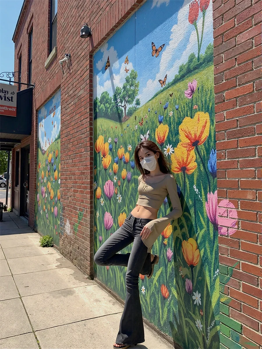 Women'S Low Rise Flared Jeans Blue Oversize Ripped Denim Vintage 2000S Streetwear Fashion Female Baggy Wide Leg Y2K Trousers